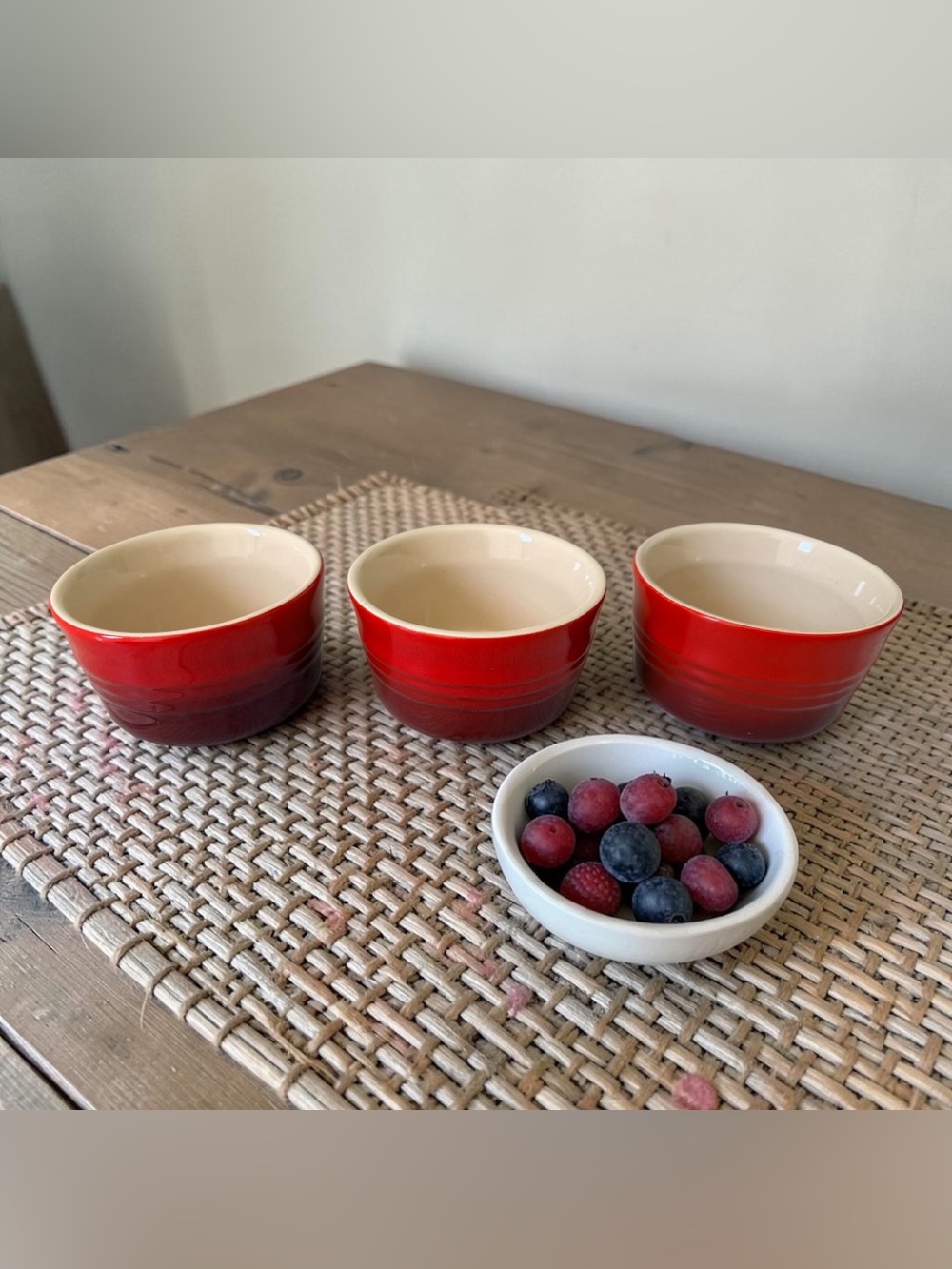 Le Creuset Stoneware Large Ramekins Custard Cups Cherry Red Set of 3